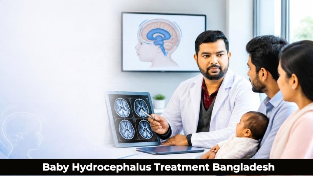 Baby hydrocephalus treatment in Bangladesh with a paediatric neurosurgeon reviewing brain imaging
