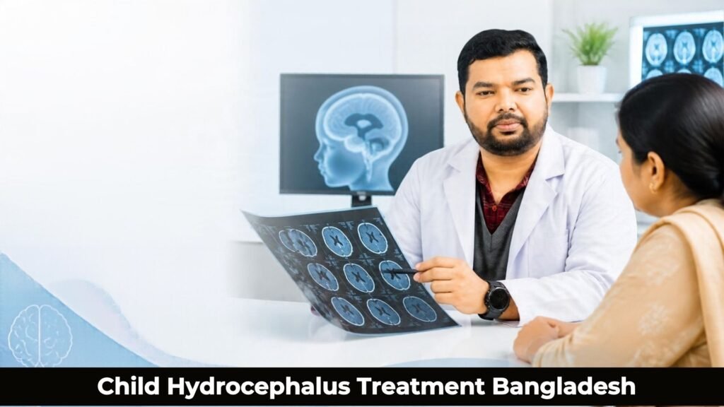 Child hydrocephalus treatment in Bangladesh with a paediatric neurosurgeon reviewing brain imaging