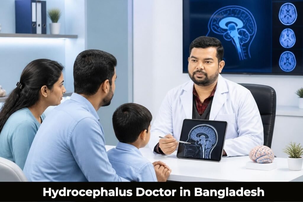 Hydrocephalus Doctor in Bangladesh discussing a child's brain scan with parents