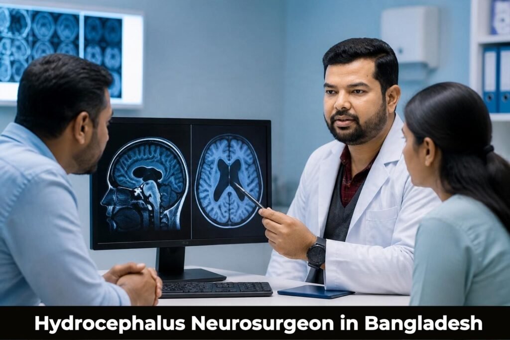 Hydrocephalus Neurosurgeon in Bangladesh reviewing a child's brain scan