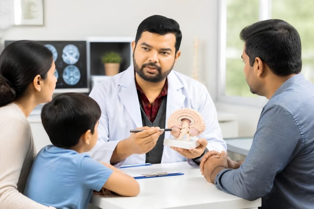 Hydrocephalus Specialist in Bangladesh consulting with a child and parents