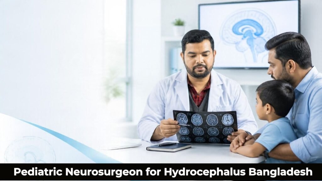 Pediatric neurosurgeon discussing hydrocephalus diagnosis and treatment options with a child's parent in Bangladesh